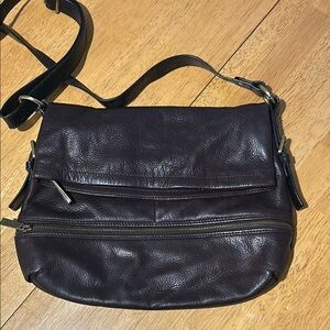 Danier leather fold over purse dark burgundy/wine colored with tan liner